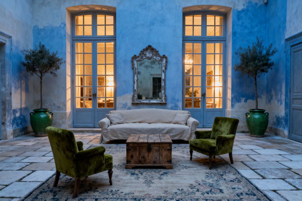 Symmetrical French Country living room set against limewashed blue plaster walls, with a linen slipcovered sofa centered below a distressed carved mirror. Two moss‑green velvet armchairs face a rustic reclaimed‑wood trunk on a faded floral rug, while tall pale‑blue multipane French doors glow with warm light from adjoining rooms; large green glazed urns with small trees flank the scene on aged limestone flagstones.