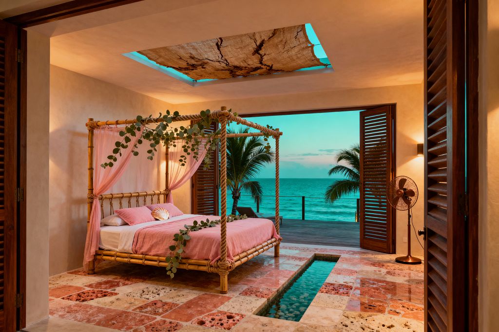 An oceanfront tropical bedroom features a bamboo four-poster bed wrapped with rope and draped in blush pink sheer fabric, topped with pink linen bedding and leafy vines. The room opens through wide wood louvered doors to a deck with palm trees and a sea view at sunset. Tumbled coral-stone floor tiles frame a narrow indoor water channel filled with pebbles, while warm plaster walls, a rustic skylight, and a vintage pedestal fan enhance the relaxed atmosphere.
