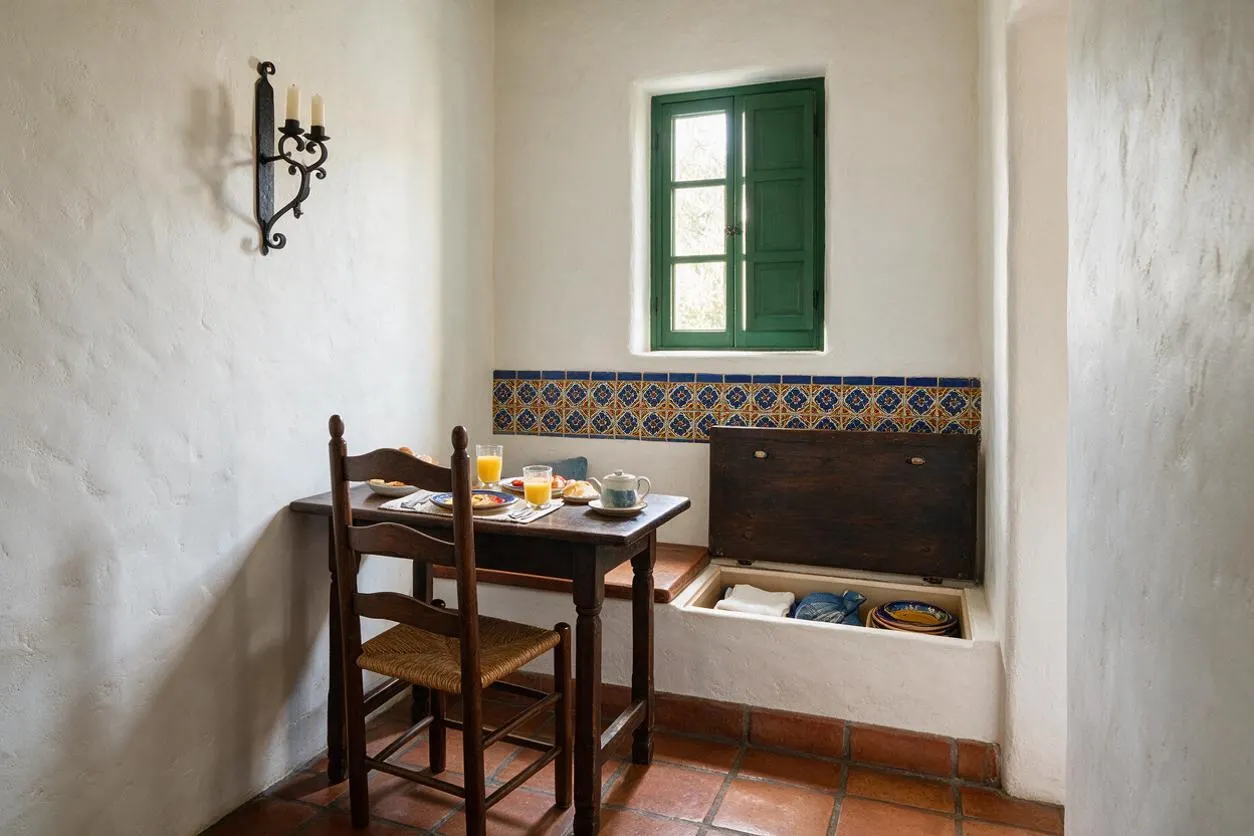 A small Mediterranean-style dining nook with white plaster walls, terracotta floor tiles, and a dark wooden table paired with a woven-seat chair. A green shuttered window, patterned ceramic tile border, wrought-iron wall sconce, and built-in bench with storage add rustic charm.