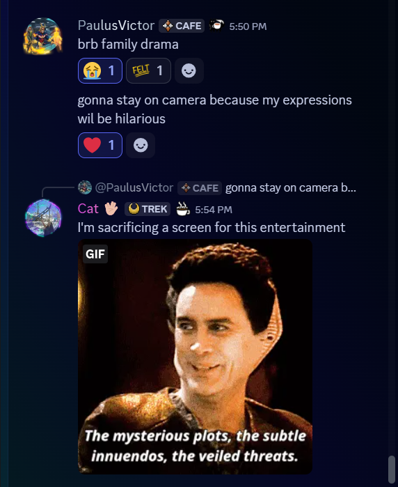 A Discord conversation features a humorous exchange between friends, including a GIF related to Star Trek.