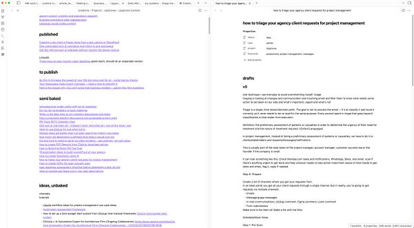 Screenshot of an Obsidian vault interface displaying a notes list and a detailed note titled 'Content Ideas' focusing on Upgroves podcast topics.