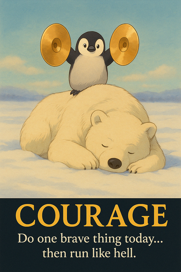 A playful illustration featuring a penguin on a sleeping polar bear, promoting the theme of courage.