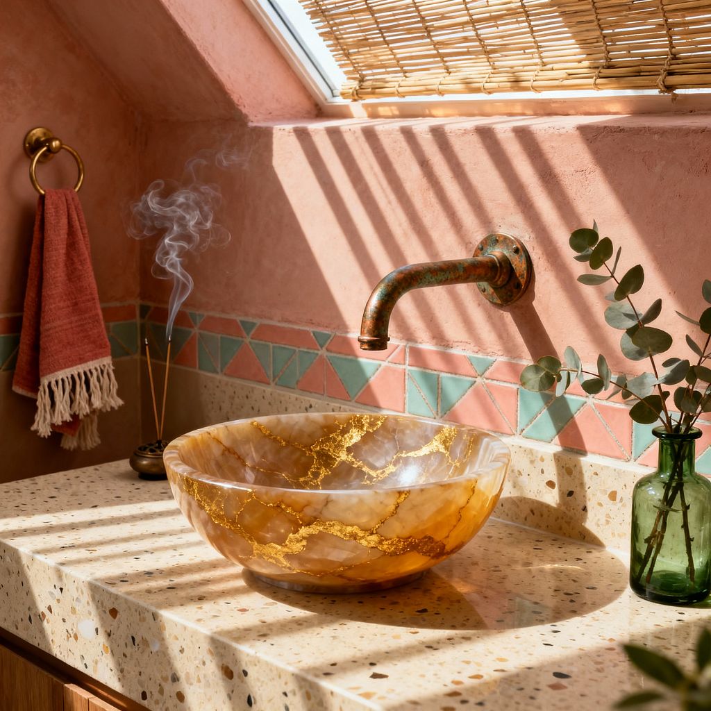 Close-up of a Bohemian bathroom vanity beneath a skylight with a woven bamboo shade casting striped sunlight. A translucent amber onyx vessel sink with gold veining sits on a beige terrazzo countertop, backed by dusty pink plaster walls and a border of mint and coral triangle tiles; a patinated brass wall-mounted spout, a brass towel ring with a fringed terracotta towel, a green glass vase with eucalyptus, and curling incense smoke complete the scene.