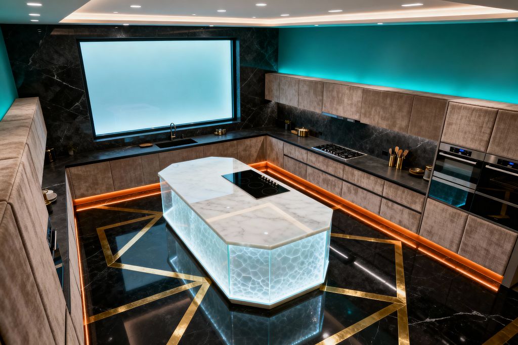 Futuristic U-shaped kitchen with handleless taupe cabinets and dark stone counters, anchored by a faceted island with a white marble top and glowing frosted-glass sides. A glossy black marble floor with brass geometric inlays, teal cove lighting, amber toe-kick LEDs, a large frosted window panel, integrated black-glass ovens, an induction hob on the island, and a gas cooktop complete the high-tech look.