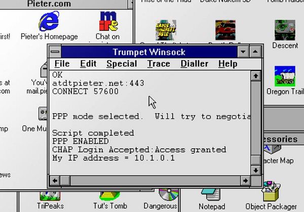 A computer screen displaying the Trumpet Winsock interface connected to an ISP.
