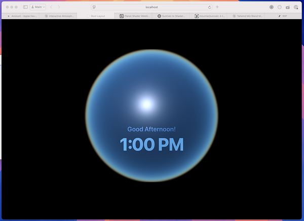 A digital display featuring a sky-clock shader with a blue sphere and time indication.