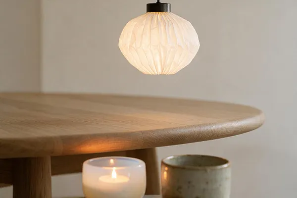 A softly lit Scandinavian dining nook with a round oak table, a white pleated pendant lamp hanging above, and a glowing candle beside a ceramic cup. The space uses a calm neutral palette and natural materials for a cozy, minimal look.