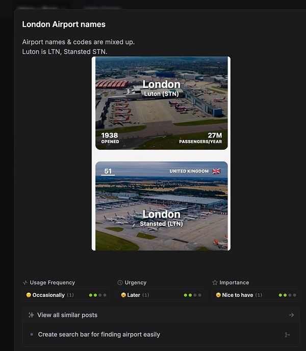 The image displays information about two London airports, Luton and Stansted, highlighting their names, codes, and passenger statistics.
