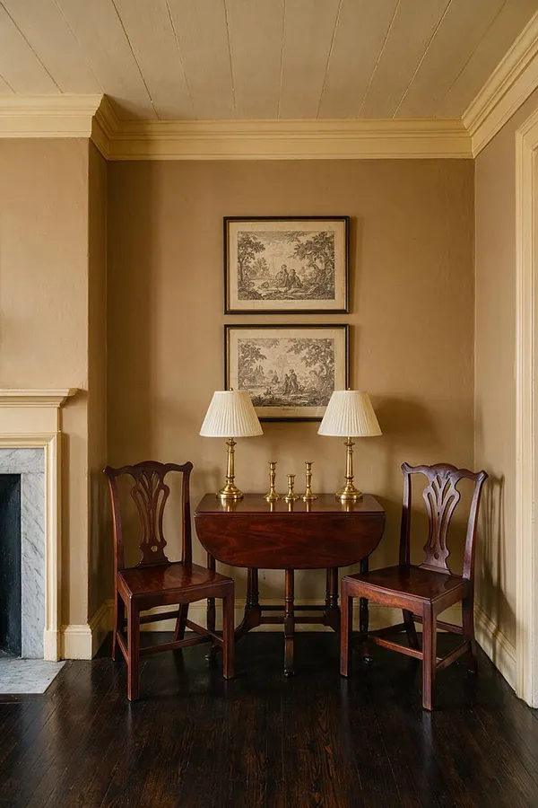 A traditional studio apartment nook with two carved wooden chairs flanking a small mahogany drop-leaf table. Two brass table lamps and candlesticks sit beneath framed monochrome artwork on warm beige walls, with a white paneled ceiling, crown molding, dark wood floors, and a marble fireplace edge visible at left.