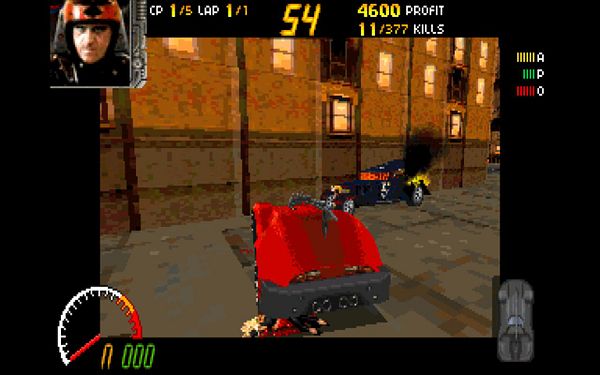 A retro video game scene from Carmageddon featuring a red car and a damaged blue car.