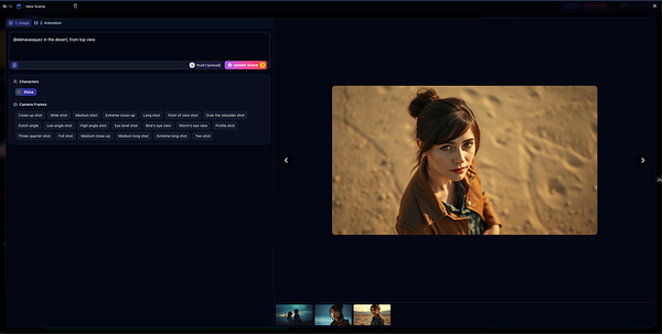 A young woman gazes directly at the camera in a desert setting.