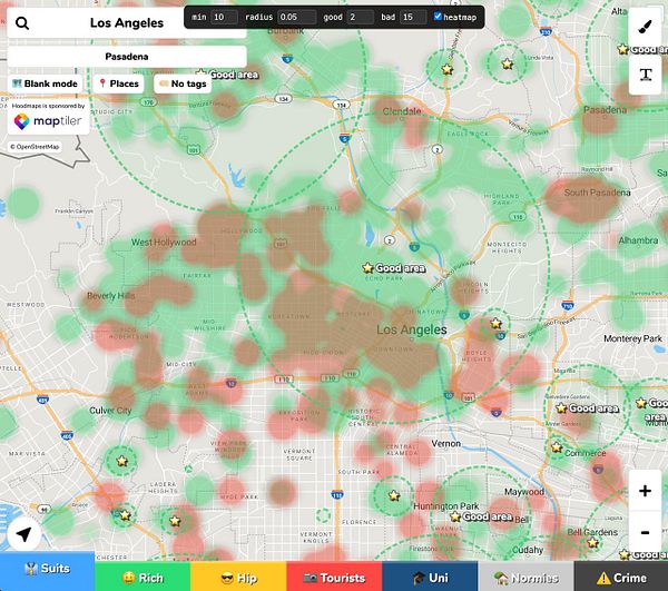 A heatmap overlay on a street map showing areas with varying intensities of color from green to red.