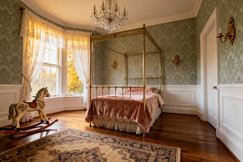 A Victorian-style children’s bedroom features a brass four-poster bed dressed in blush velvet and lace, set against sage green damask wallpaper with white wainscoting. A crystal chandelier and brass candle sconces add sparkle above hardwood floors, a Persian-style rug, and a painted wooden rocking horse, while sheer lace curtains at a bay window filter warm afternoon light.