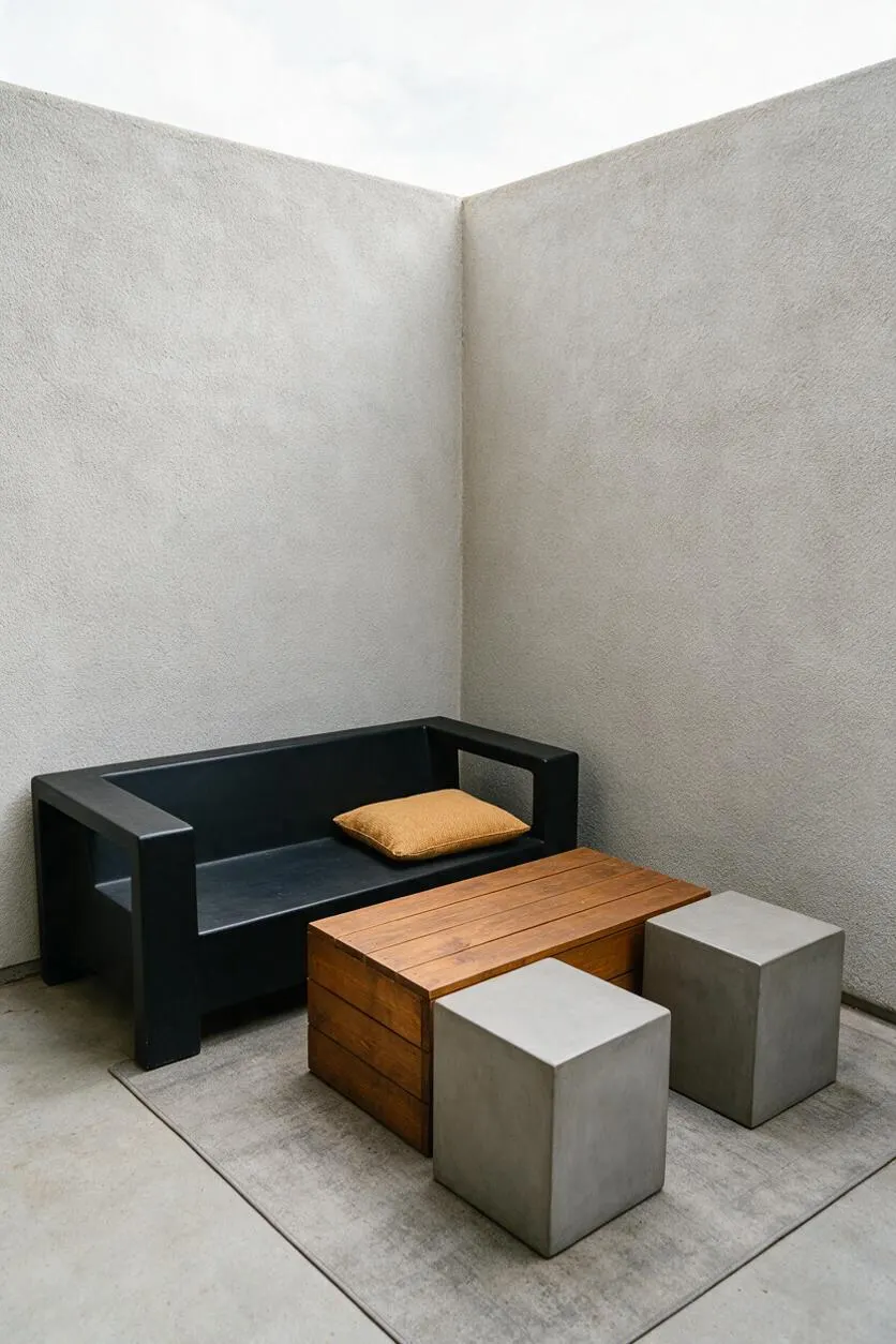 A compact patio with tall textured concrete walls enclosing a simple seating arrangement. The space features a black boxy outdoor bench with a tan cushion, a low wooden slat coffee table, two cube-shaped concrete stools, and a neutral outdoor rug on a concrete floor.