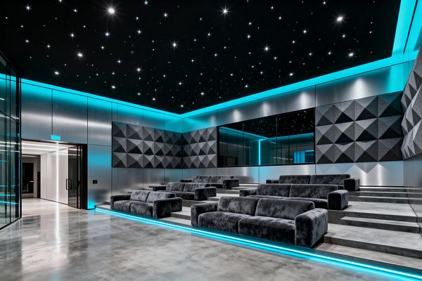 A large, futuristic media room features tiered platforms with deep gray velvet sofas and cyan LED strips tracing each step and ceiling cove. A black, fiber‑optic star ceiling adds sparkle above brushed metal wall panels and dark geometric acoustic panels. The floor is polished concrete, and a glass entry opens to an adjacent corridor. A wide interior window mirrors the lighting, emphasizing the theater-like layout and high-tech ambience.