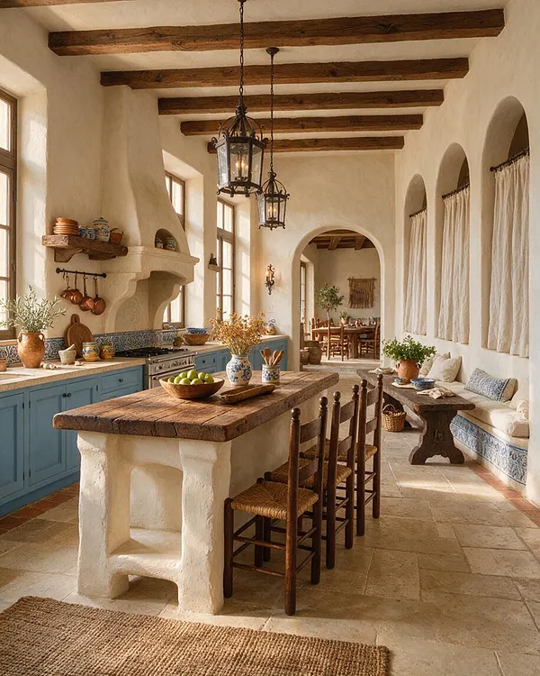 A warm Mediterranean-style kitchen with exposed dark wood ceiling beams, plaster walls, arched openings, and blue lower cabinets. A thick rustic wood island with woven stools sits in the center, while lantern pendants, tiled details, and a cushioned bench create a cozy, sunlit atmosphere.