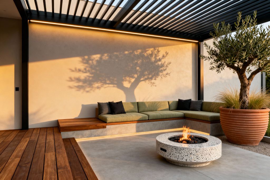 Contemporary patio with a black slatted pergola and warm LED strip lighting washing a smooth stucco wall. An L-shaped built-in bench with olive-green cushions and dark pillows sits on a concrete plinth with under-seat lighting, facing a round speckled terrazzo fire pit on concrete paving; hardwood decking borders the area, and a large terracotta planter holds an olive tree and grasses while late sunlight casts the tree’s shadow across the wall.