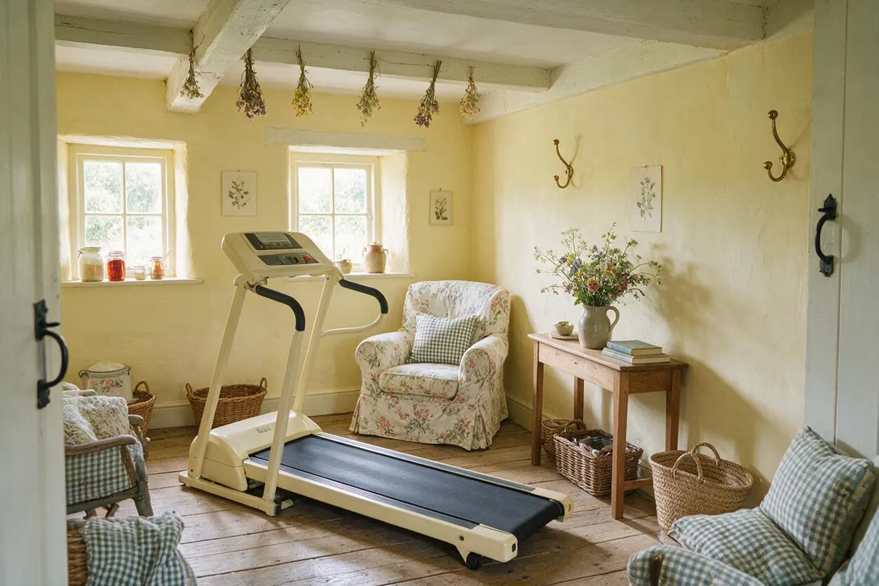 A small cottage-style home gym with a beige treadmill centered on wide wooden floorboards, surrounded by floral armchairs, wicker baskets, and a wooden side table with flowers. Cream walls, exposed ceiling beams, hanging dried herbs, and soft daylight from two windows create a warm, rustic atmosphere.