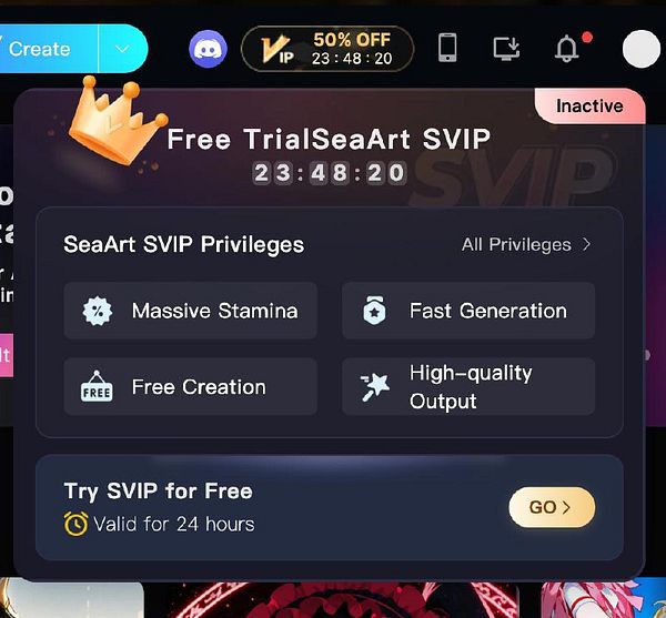 The image displays a promotional interface for a free trial of SeaArt SVIP with various privileges listed.