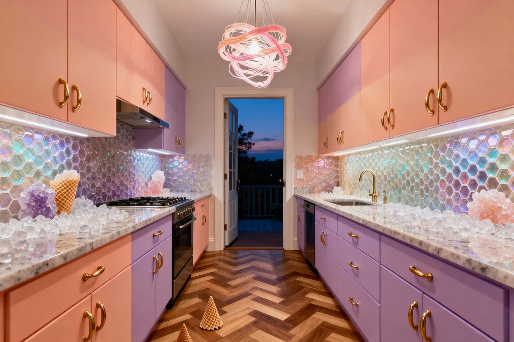 A galley kitchen with peach and lavender cabinets, curved brass pulls, and speckled white quartz countertops. Iridescent hexagon glass tile backsplashes glow under LED strips, a pink ribbon-like pendant hangs above a herringbone wood floor, and a brass faucet, stainless range, rock-candy sculptures, and waffle-cone props reinforce a playful Candy Land theme. A glass door opens to a twilight balcony.