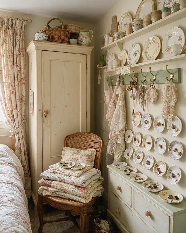 A cozy cottagecore closet corner with a cream-painted wardrobe, floral curtains, and a wicker chair stacked with folded quilts. Wall shelves hold floral plates and pottery, with lace accessories and small decorative items arranged above a pale dresser.