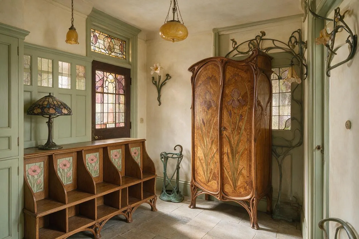 An Art Nouveau mudroom with sage green trim, stained glass windows, and curved wood storage. The room includes a decorative bench with floral painted panels, an ornate carved wardrobe, pendant lights, and wrought iron details, all set against pale plaster walls and a stone floor.