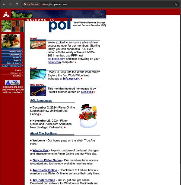 The image displays a webpage for an internet service provider called POL, featuring announcements and links for users.