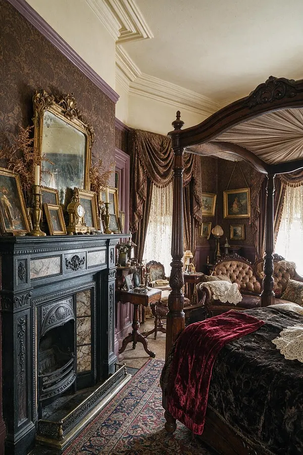 A richly decorated Victorian guest bedroom with a dark carved four-poster canopy bed, heavy draped curtains, patterned wallpaper, and an ornate black fireplace. The room includes gilded mirrors, framed artwork, tufted seating, lace accents, and a patterned rug in warm burgundy, brown, gold, and cream tones.