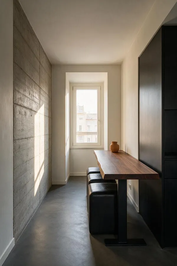 A narrow dining room with a raw concrete accent wall on the left, a slim wood dining table on a black pedestal base, and two black leather benches tucked underneath. A bright window at the end brings in natural light, while tall matte black cabinetry lines the right side.