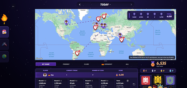 Screenshot of a GeoGuessr daily challenge results screen showing the player's guesses on a world map, scores per round, and overall ranking.