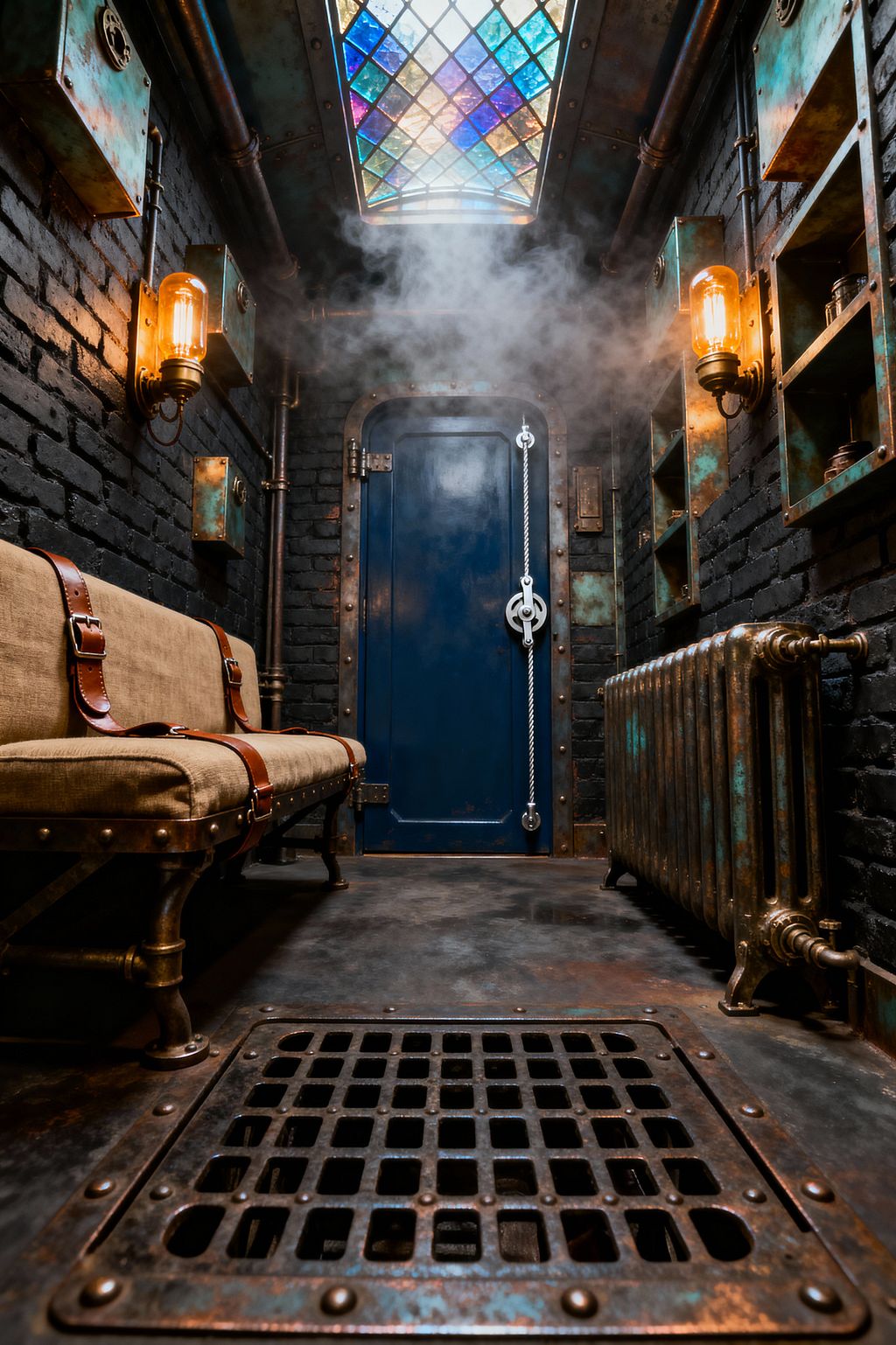 A narrow steampunk mudroom with charcoal-painted brick walls and patinated copper panels shows exposed pipes, riveted cubbies, and two Edison-bulb sconces, while a pipe-frame bench with a tan canvas cushion and leather straps lines the left wall. At the end, a navy steel door with a rope-and-gear latch faces a vintage cast-iron radiator, a dark metal floor with a large grated drain, and a stained-glass skylight above filtering misty light.