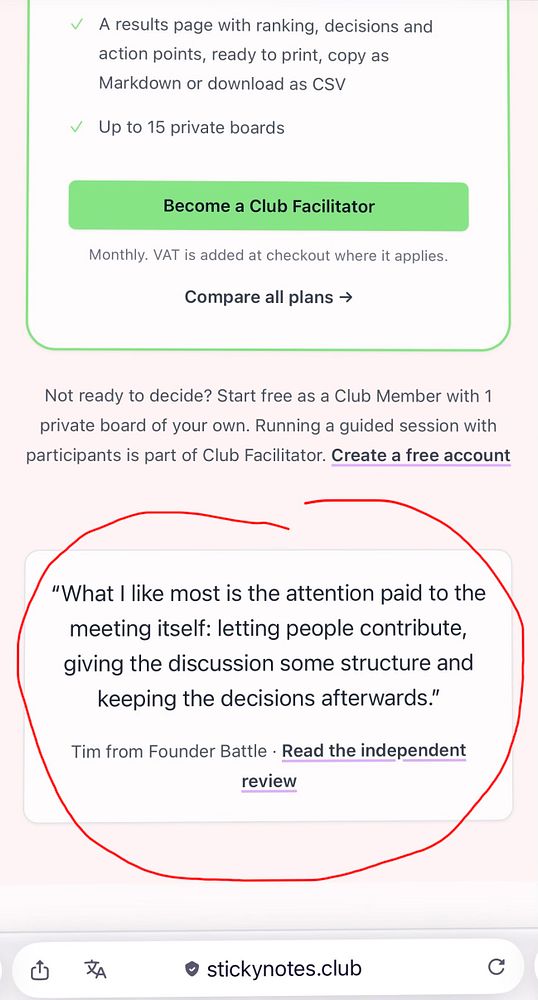 A user testimonial on the sticky notes website highlighting appreciation for structured meeting facilitation features.