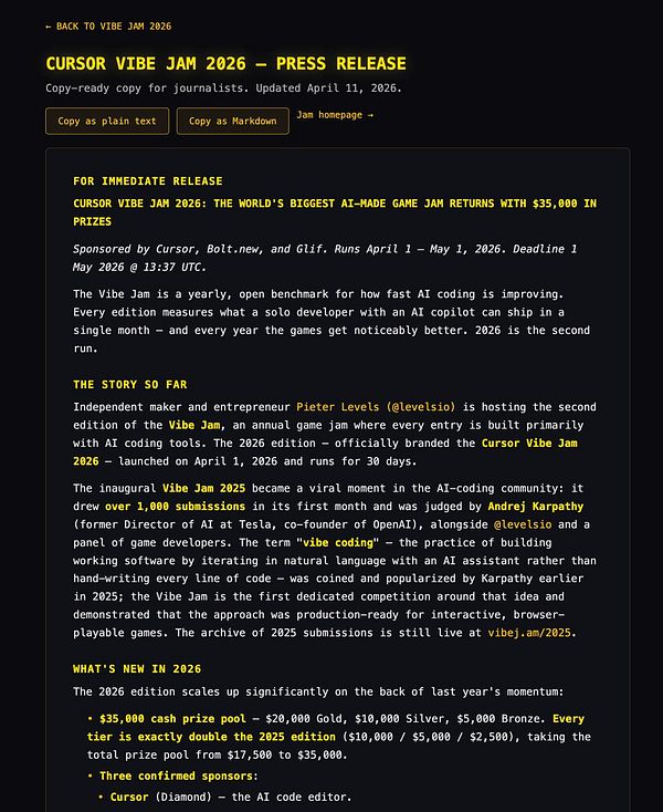 A promotional graphic for Vibe Jam featuring a stylized hand holding a smartphone and vibrant, colorful text announcements.