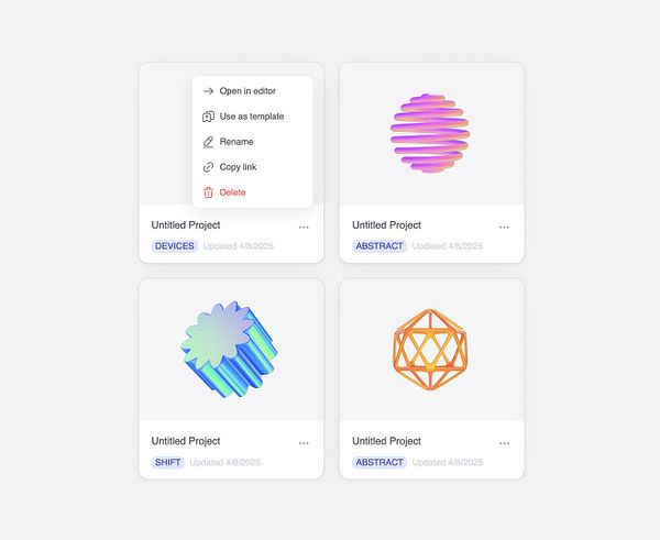 The image displays a user interface for managing projects in Morflax Studio, featuring various project cards with abstract designs.