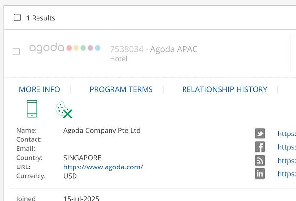 A screenshot of an affiliate program dashboard showing Agoda's Hotelist application page with affiliate dashboard navigation.