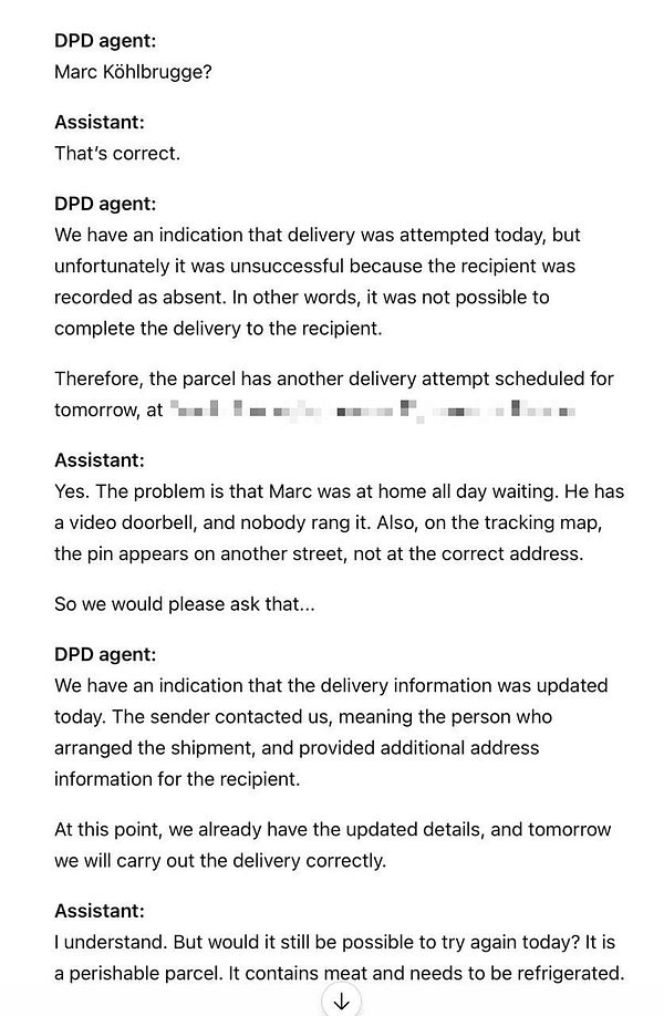 Screenshot of a chat interface showing a conversation with a virtual assistant regarding a failed parcel delivery call.