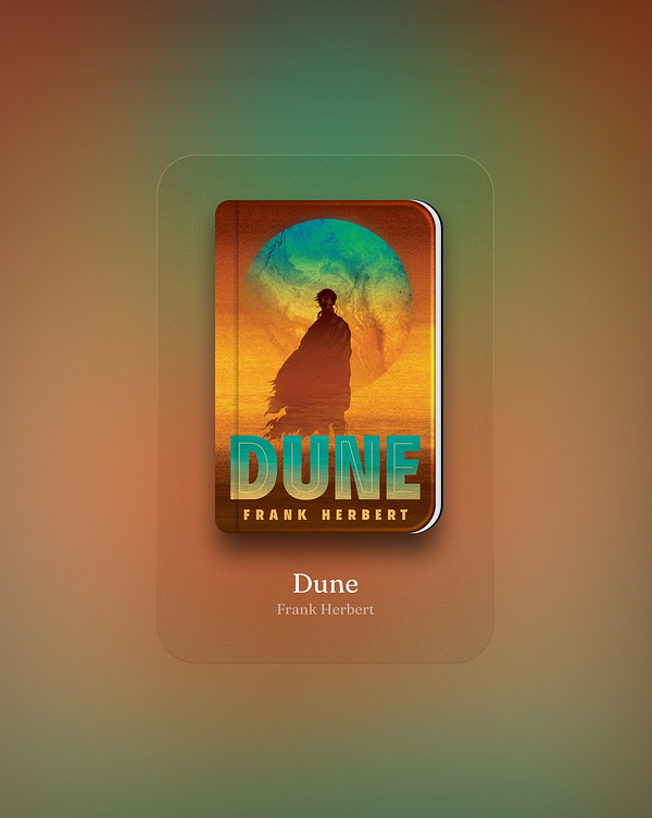 A digital book card featuring the cover of 'Dune' by Frank Herbert.