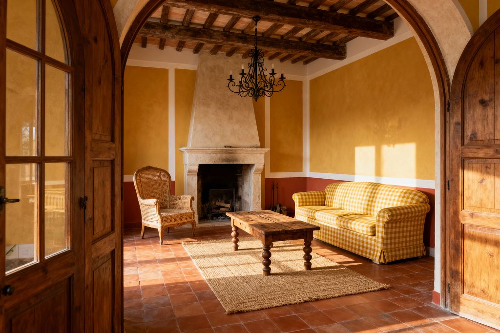 A sunlit French country living room with ochre plastered walls and a terracotta-red dado, centered on a large stone fireplace beneath exposed timber beams. The space features a yellow gingham skirted sofa, a woven rattan armchair, and a rustic wood coffee table on a jute rug over terracotta floor tiles, with a black wrought-iron chandelier overhead and arched wooden doors framing the view.