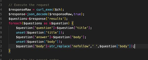 The image displays a code snippet written in PHP for processing FAQ data.