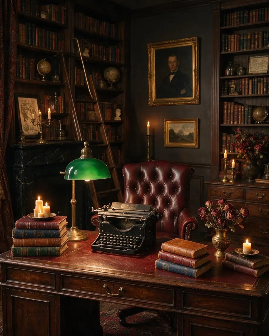 A dark academia study with tall bookshelves filled with old books, a burgundy tufted leather chair, and a worn wooden desk. The desk is styled with a black typewriter, stacked leather-bound books, a green banker’s lamp, brass candlesticks, small framed art, and dried flowers, all lit by warm candlelight.