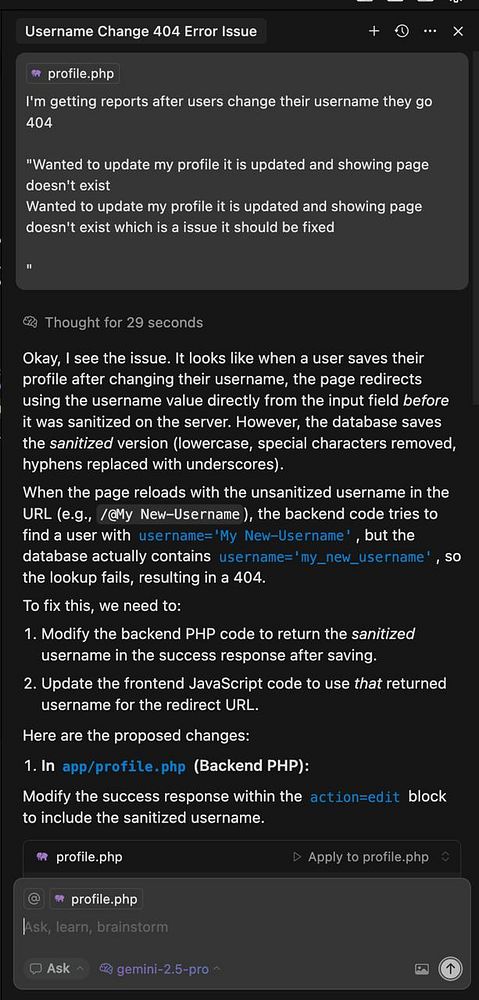 The image displays a coding discussion about a 404 error related to username changes in a web application.