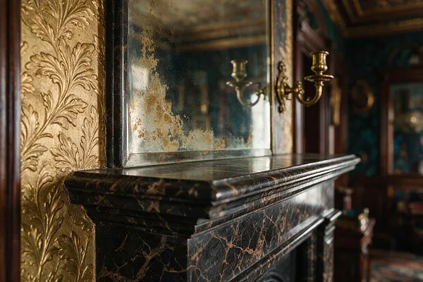 A close-up of a Victorian fireplace mantel made of dark veined marble, set against ornate gold damask wallpaper. A distressed mirror and brass wall sconces add aged, elegant character to the richly decorated room.