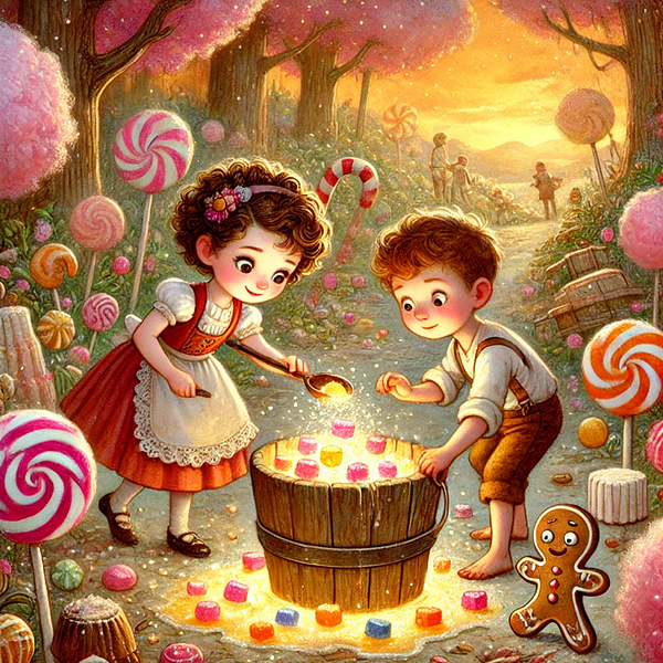 Two children are joyfully gathering colorful candies from a wooden bucket in a whimsical candy land.