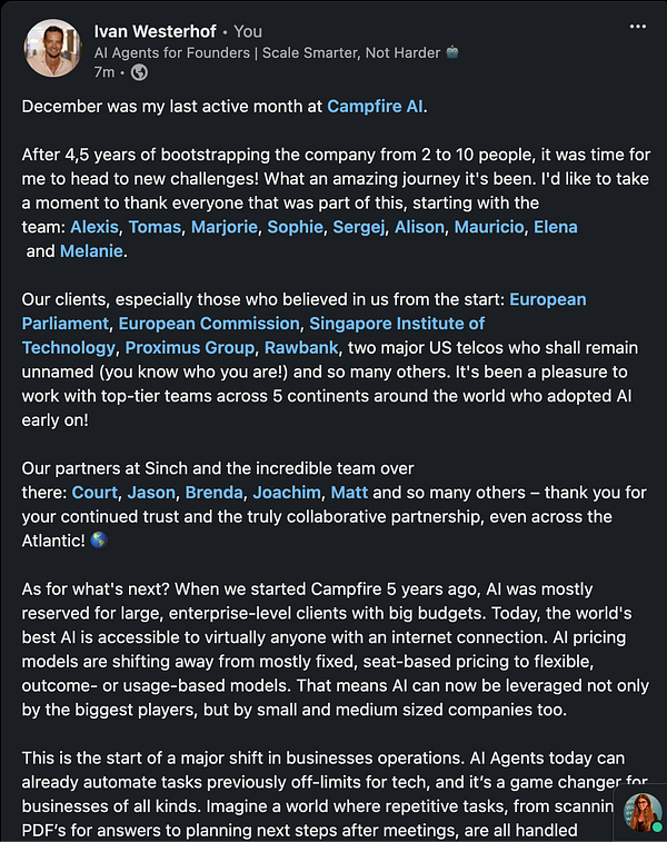 A LinkedIn post announcing the author's departure from Campfire AI after 4.5 years.