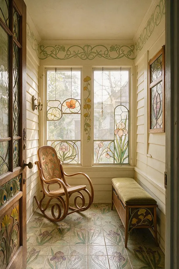 A narrow front porch designed in Art Nouveau style with cream beadboard walls, hand-painted floral borders, and decorative stained-glass windows. The space includes a curved wooden rocking chair, a cushioned bench, and tiled flooring with botanical patterns in soft green, gold, and lavender tones.