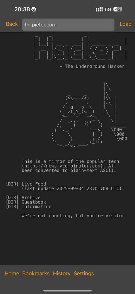 The image displays a gopher server interface for Hacker News, featuring ASCII art and navigation options.