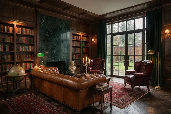 A moody dark academia-style room with built-in bookshelves, a green marble fireplace, a tufted brown leather sofa, burgundy armchairs, and deep green curtains framing French doors to the backyard. Warm brass lamps, patterned red rugs, and dark wood paneling create a scholarly, intimate atmosphere.