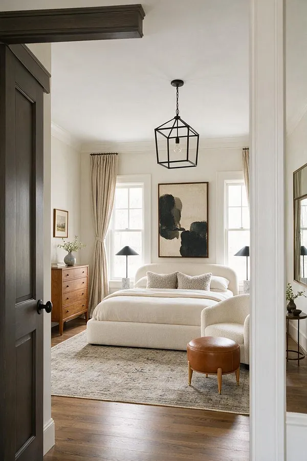 A transitional guest bedroom with a cream upholstered bed centered between two tall windows, a black geometric pendant light overhead, and abstract artwork above the headboard. The room includes beige curtains, a wood dresser, a textured area rug, a leather ottoman, and dark stained trim visible from the doorway.