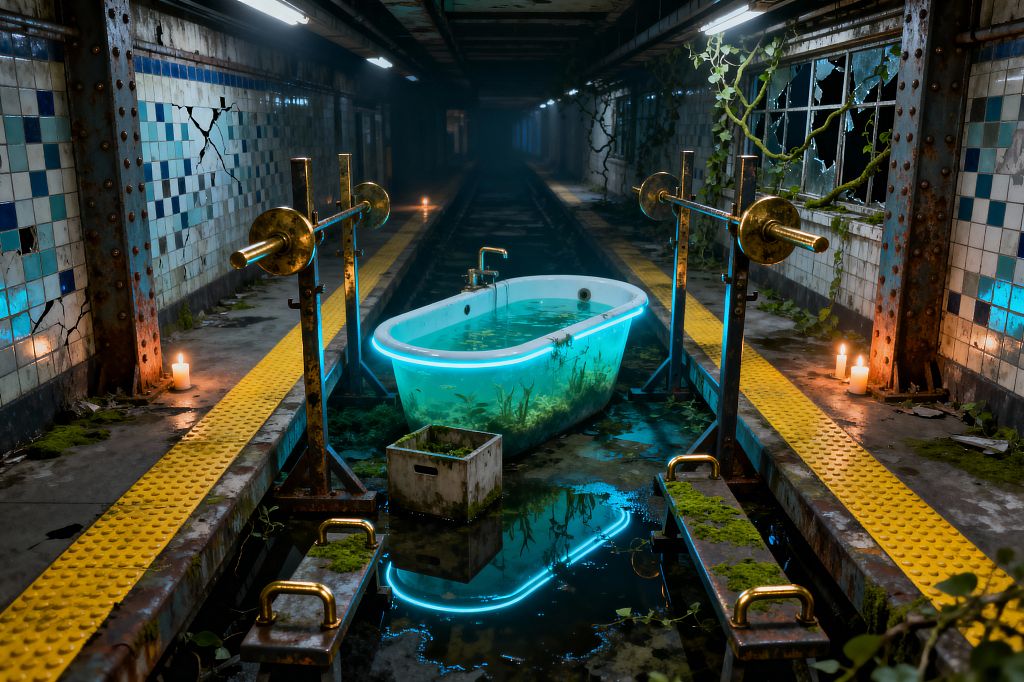A derelict subway platform converted into a home gym features two rusted steel squat racks with brass barbells framing a translucent bathtub glowing cyan and filled with water and aquatic plants. Cracked blue-and-white ceramic tiles line the walls, yellow tactile strips border puddled concrete, and broken windows overgrown with vines appear alongside lit candles; dim fluorescent fixtures recede into a dark tunnel, heightening the post-apocalyptic atmosphere and improvised training vibe.