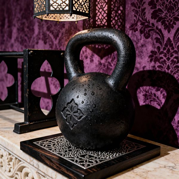 Close-up of a black cast-iron kettlebell, embossed with a floral motif and speckled with water droplets, resting on a dark wood tray with silver filigree atop a carved cream stone surface. A pierced black metal lantern glows overhead, casting patterned shadows onto deep purple damask wallpaper, while a matching black steel rack with quatrefoil cutouts sits behind the kettlebell.